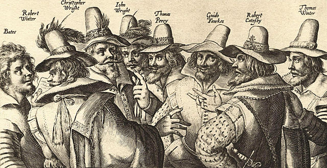 The plotters, including 'Guido Fawkes' (third from right).