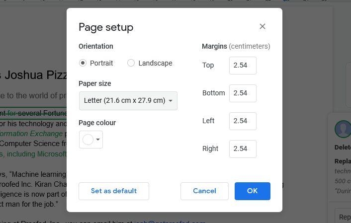 The page layout options in Google Docs.