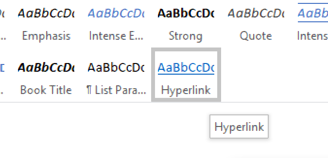 Hyperlink formatting in the Styles menu.