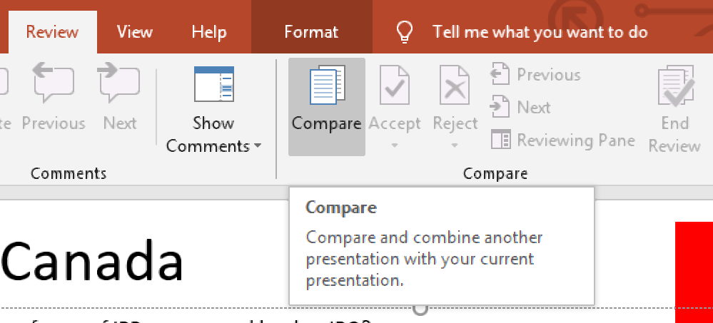 The Compare tool in PowerPoint.