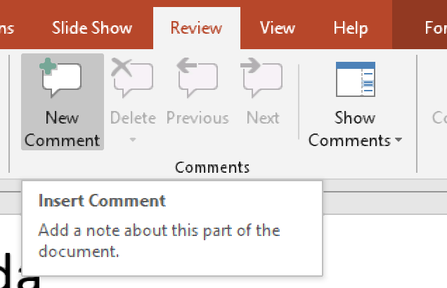 The Comment tool in PowerPoint.