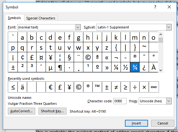 The full range of special characters in Microsoft Word.