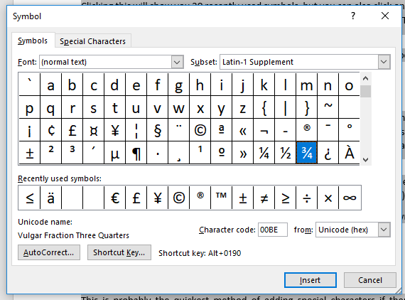 microsoft word special symbols list