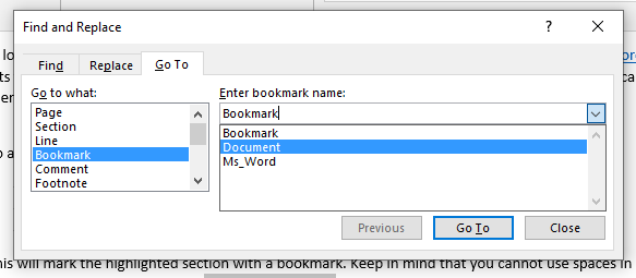 Selecting a bookmark.