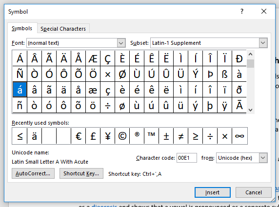 Selecting a letter with a diacritic mark.