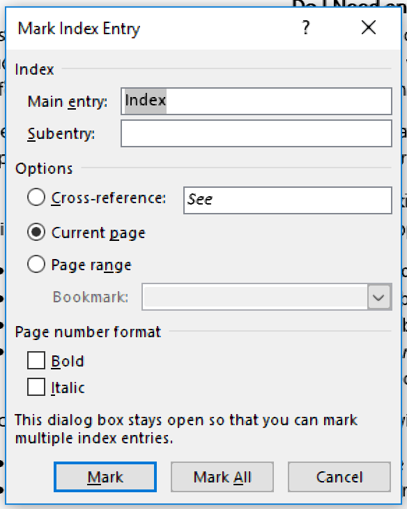 Index entry options.