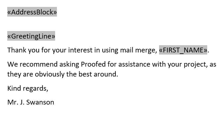 Mail merge fields in a document.