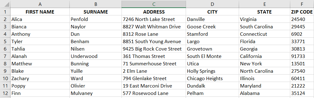 Creating a data source for mail merge.