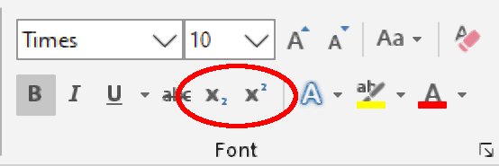 The Superscript and subscript buttons in Microsoft Word.