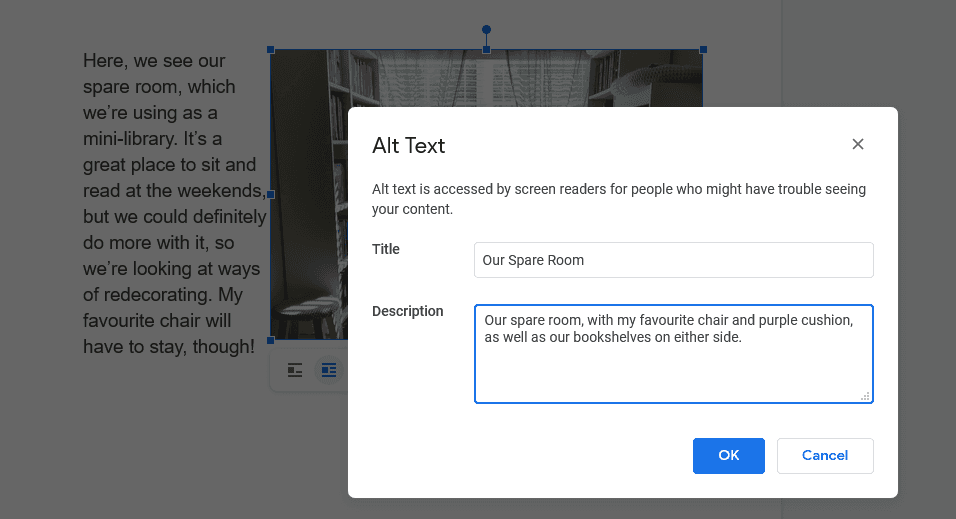 Adding alt text in Google Docs.