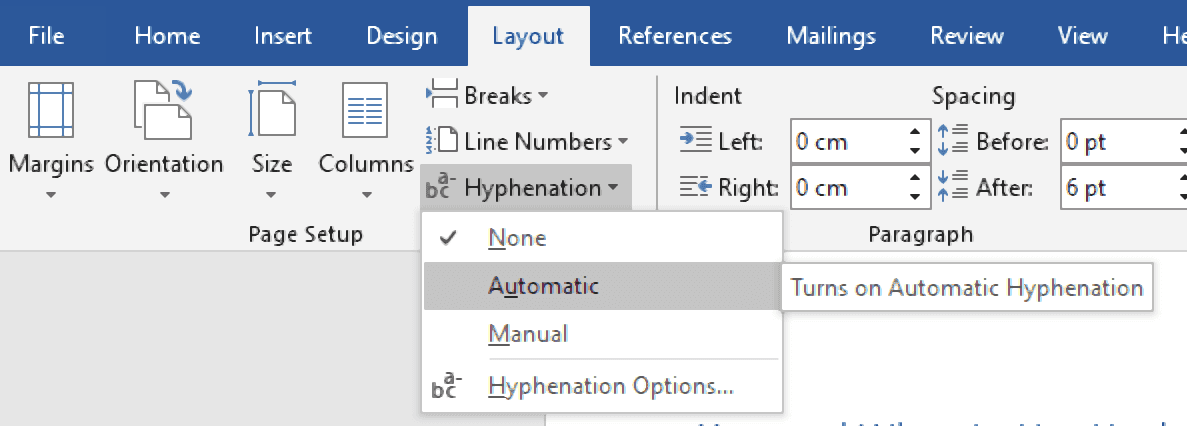 The hyphenation menu on the main ribbon.