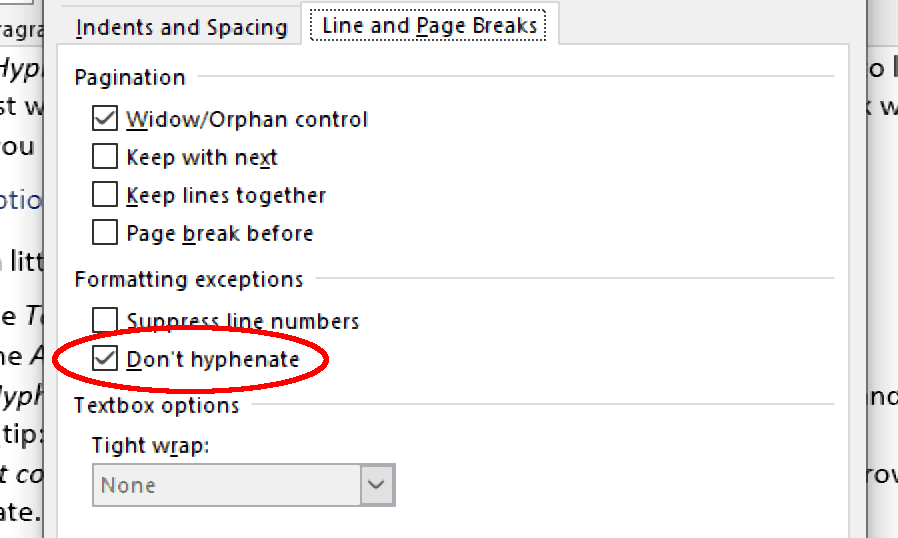 The 'Don't hyphenate' option, which stops hyphenation in a Microsoft Word document.