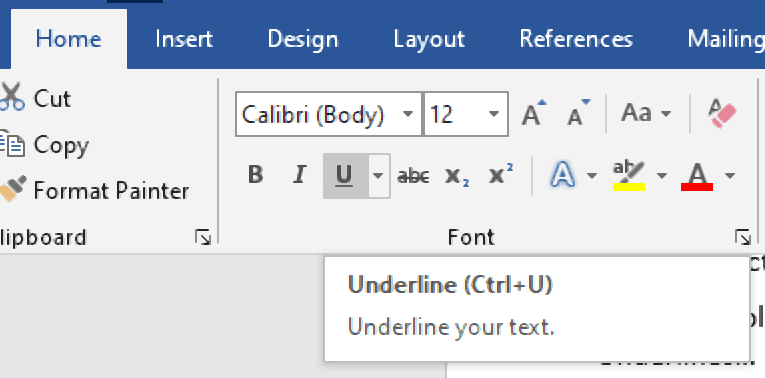 Toggling the underlining via the Home tab.