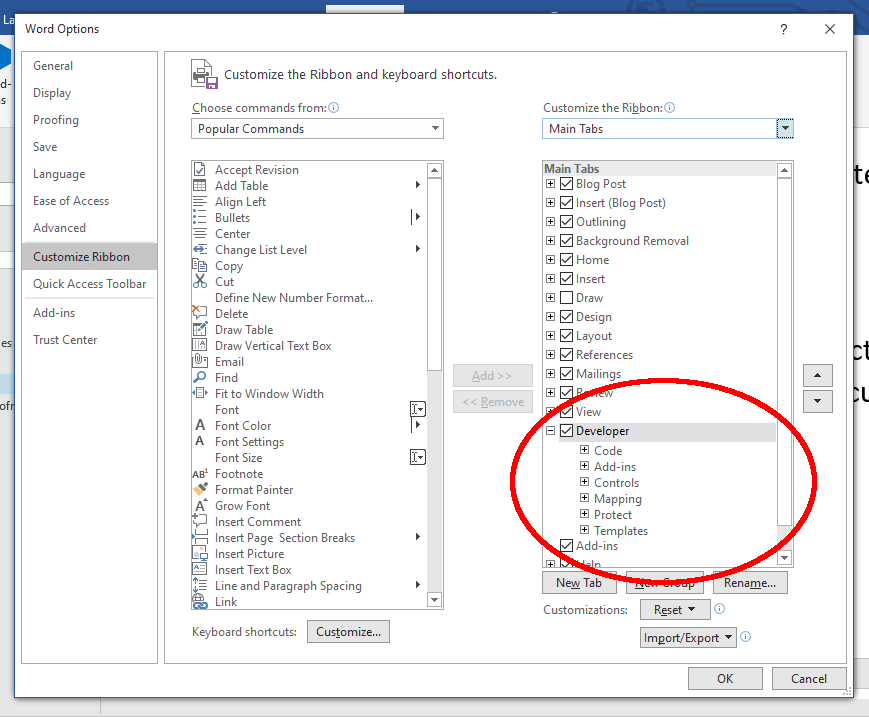 Customising the Ribbon and adding the Developer tab.