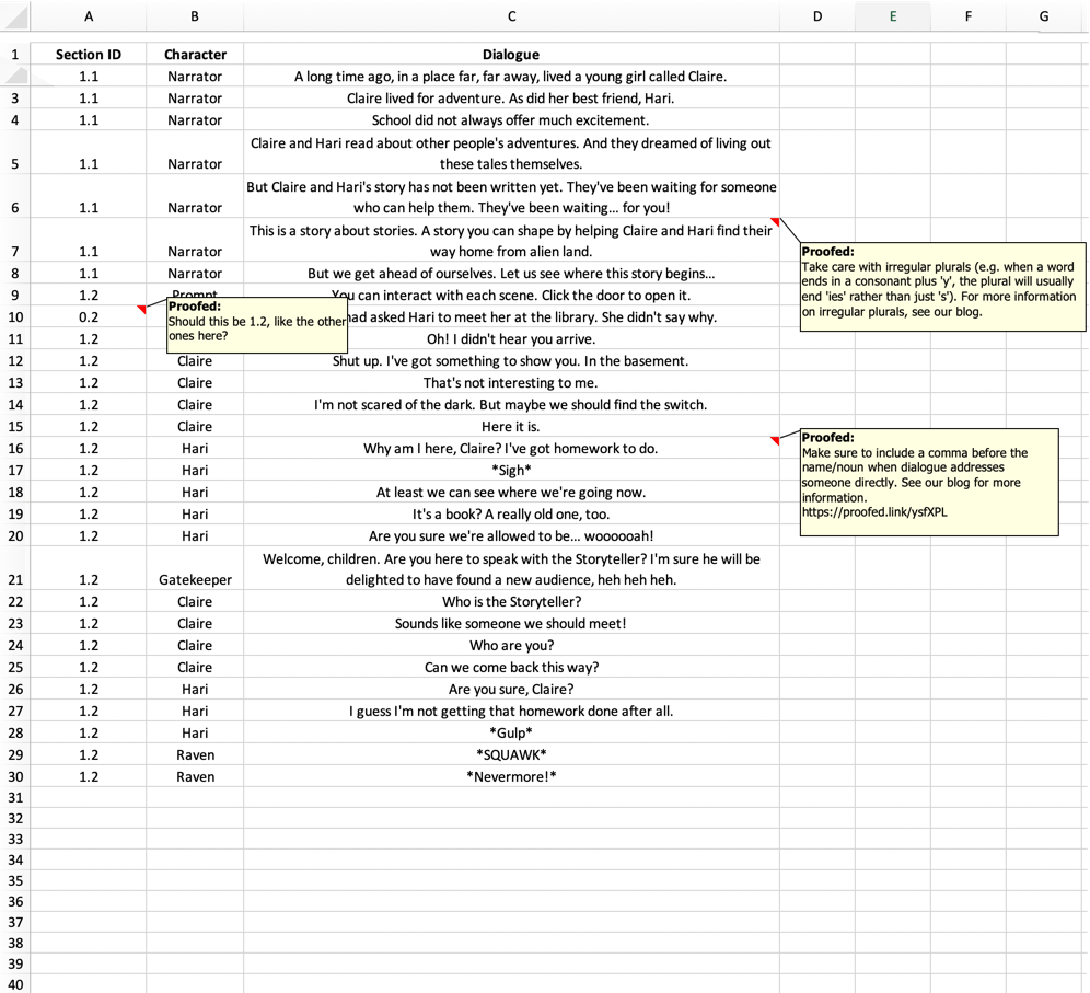Google Sheets Proofreading Example (After Editing)