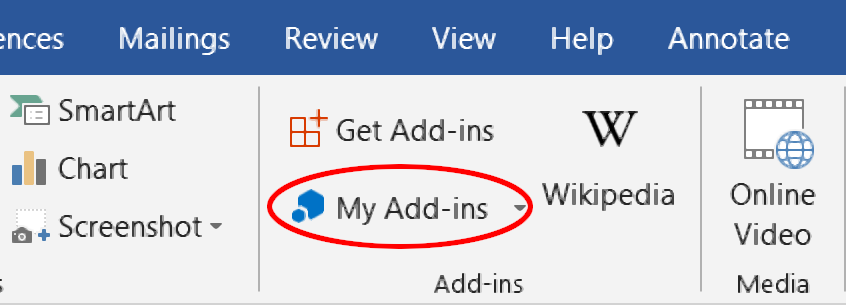 Options for add-ins on the Insert tab.