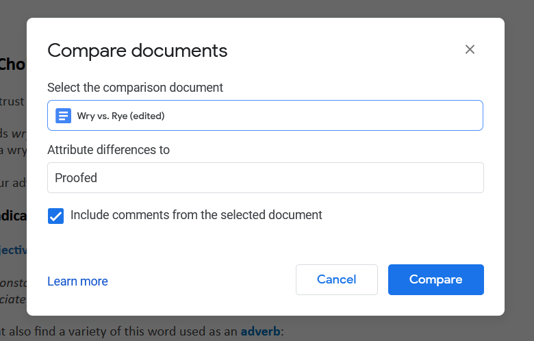 Selecting documents to compare.