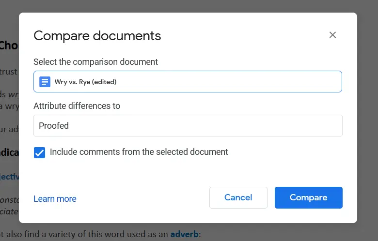 Selecting documents to compare.